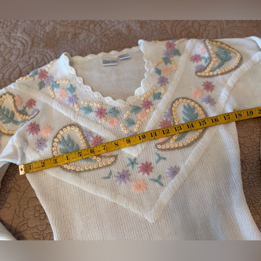 VTG 80s 90s Styleworks Cream Colored Pastel Floral Embroidered Sweater Dress, S - Picture 8 of 12